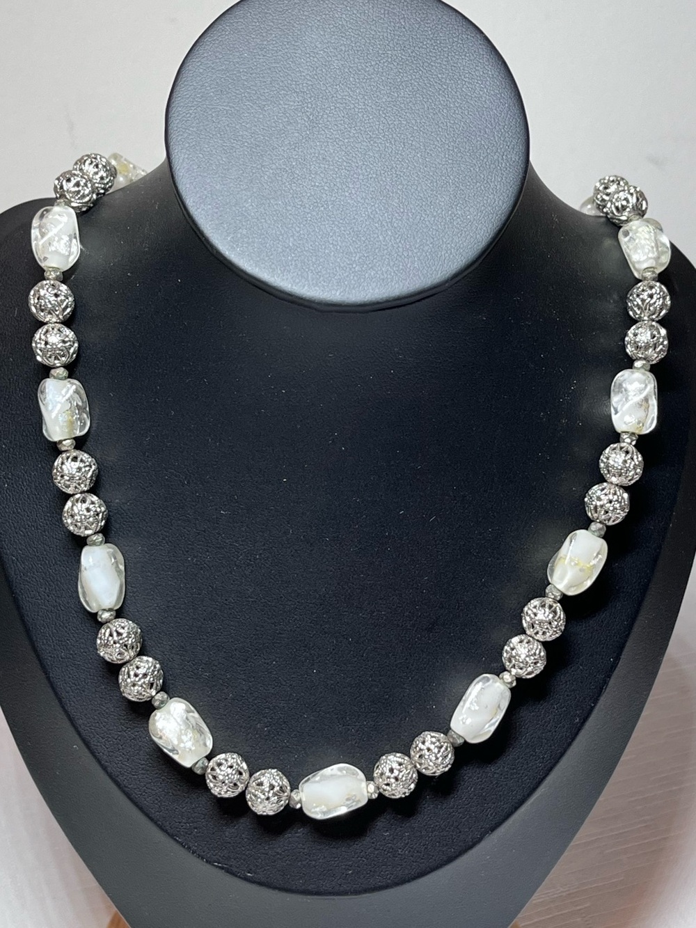 Vintage White and Silver Bead Necklace